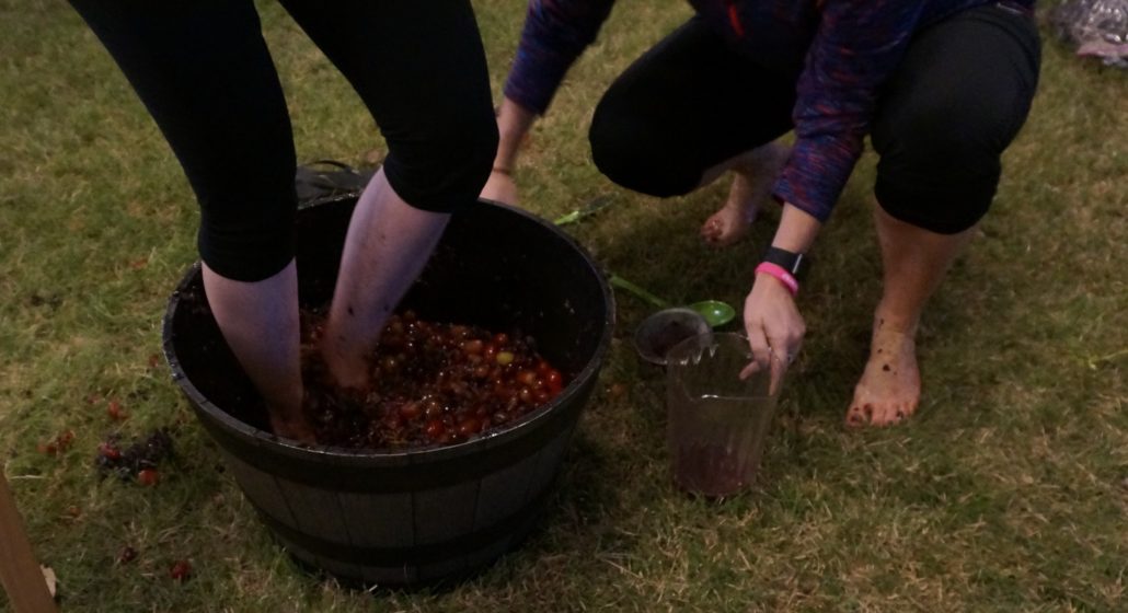 two women smashing grapes in a barrel